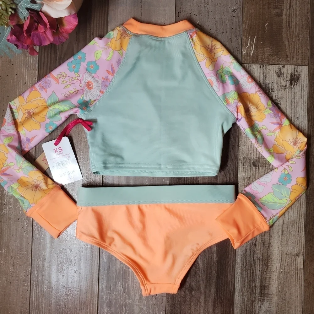 NEW Justice Girls 2pc Rash Guard Kids Swim Set w/ Hipster Bottom Size 5/6 Coral